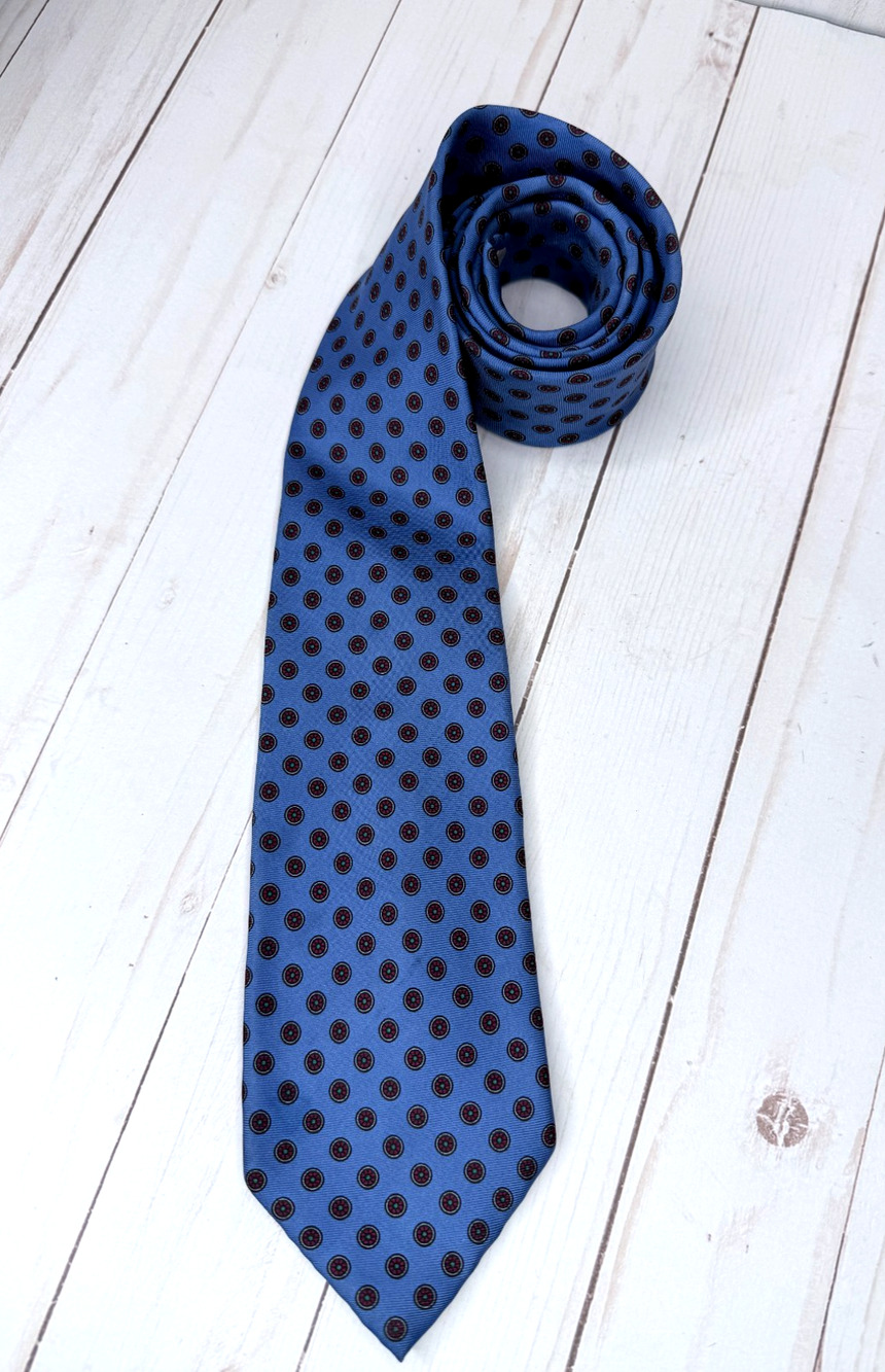 Vintage Parisian Blue & Red Small Rosette Print Silk Tie